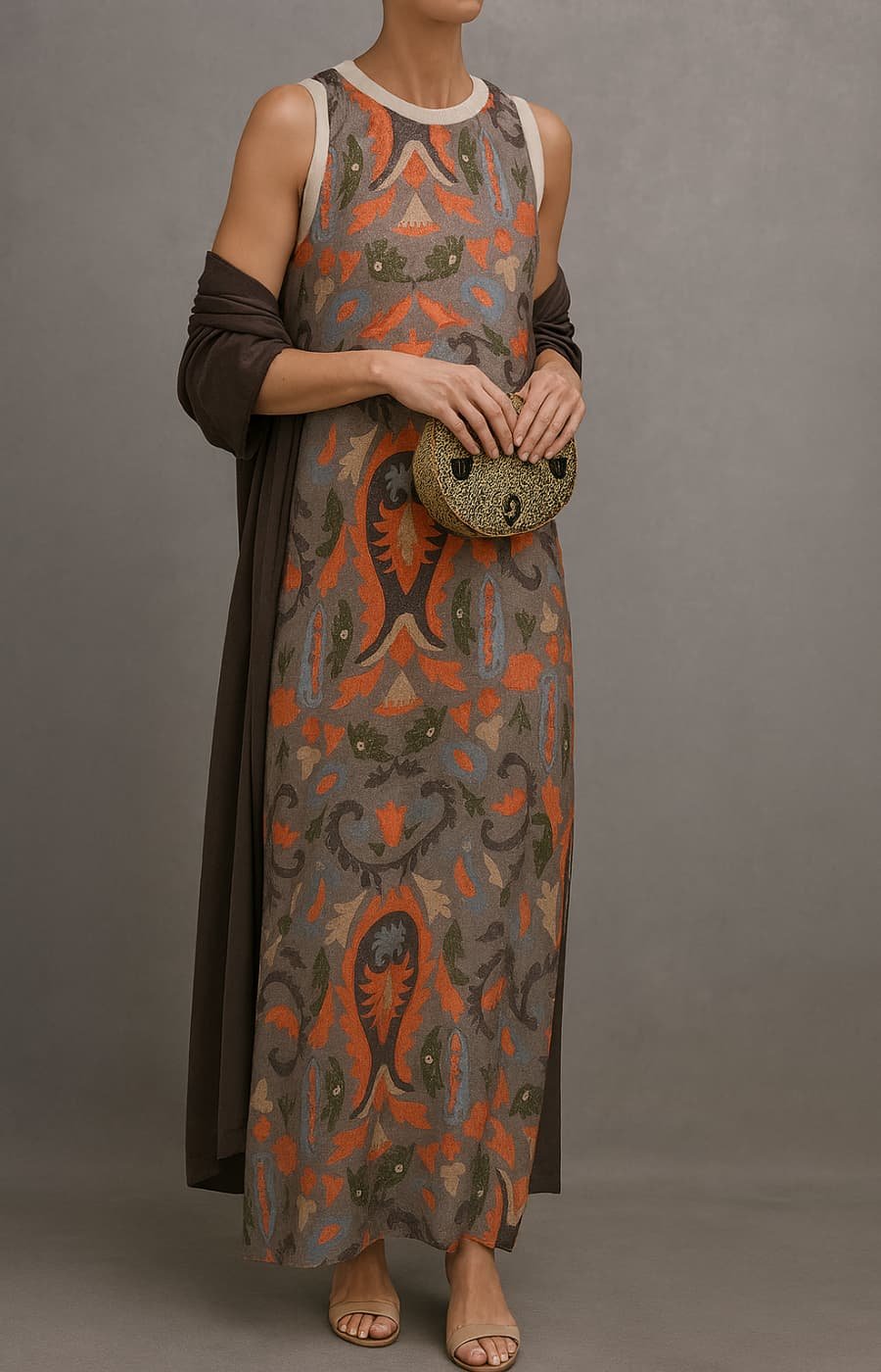 Graues ärmelloses Damen Maxikleid mit detaillierter Blumenstickerei, ideal als Abend- oder luxuriöses Partykleid.