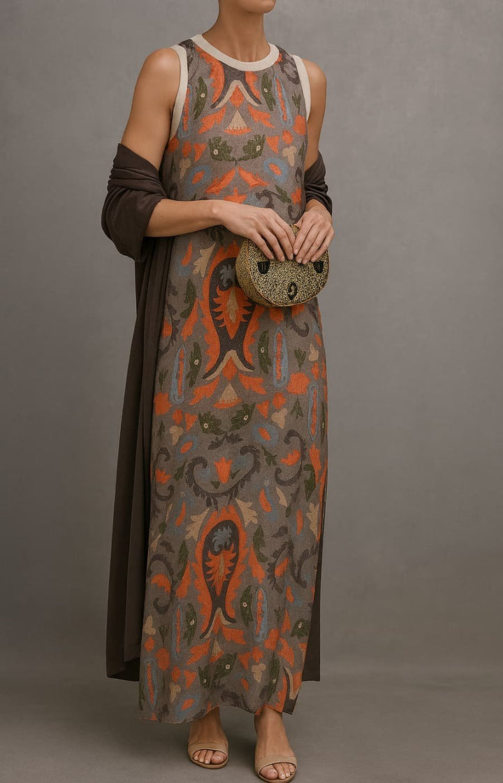 Graues ärmelloses Damen Maxikleid mit detaillierter Blumenstickerei, ideal als Abend- oder luxuriöses Partykleid.