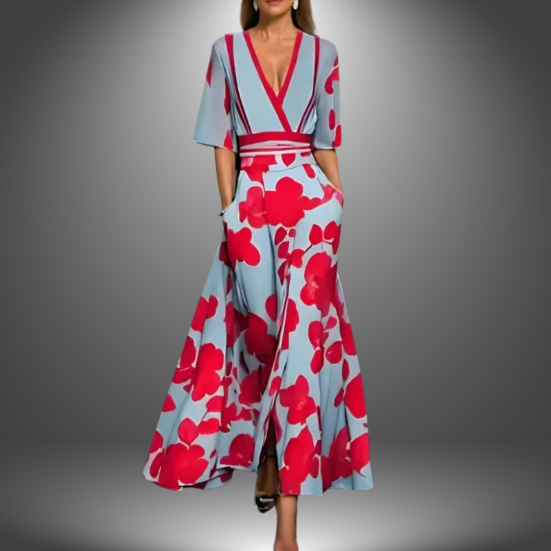 Elegantes Damen Maxikleid mit fließendem Blumenmuster, halblangen Ärmeln und bequemem Schnitt für Frühling/Sommer.