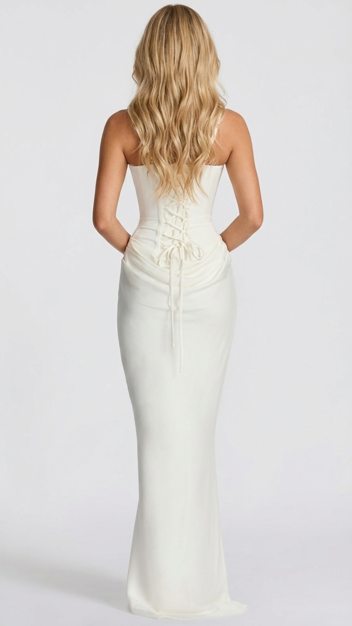 Langes, formelles Damenkleid mit elegantem Korsett-Mieder & ästhetisch drapierter Taille. Für unvergessliche Anlässe.