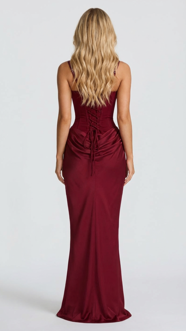 Stilvolles Damen Maxikleid, figurbetont, mit Korsett-Mieder. Perfektes Abendkleid für glamouröse Events.