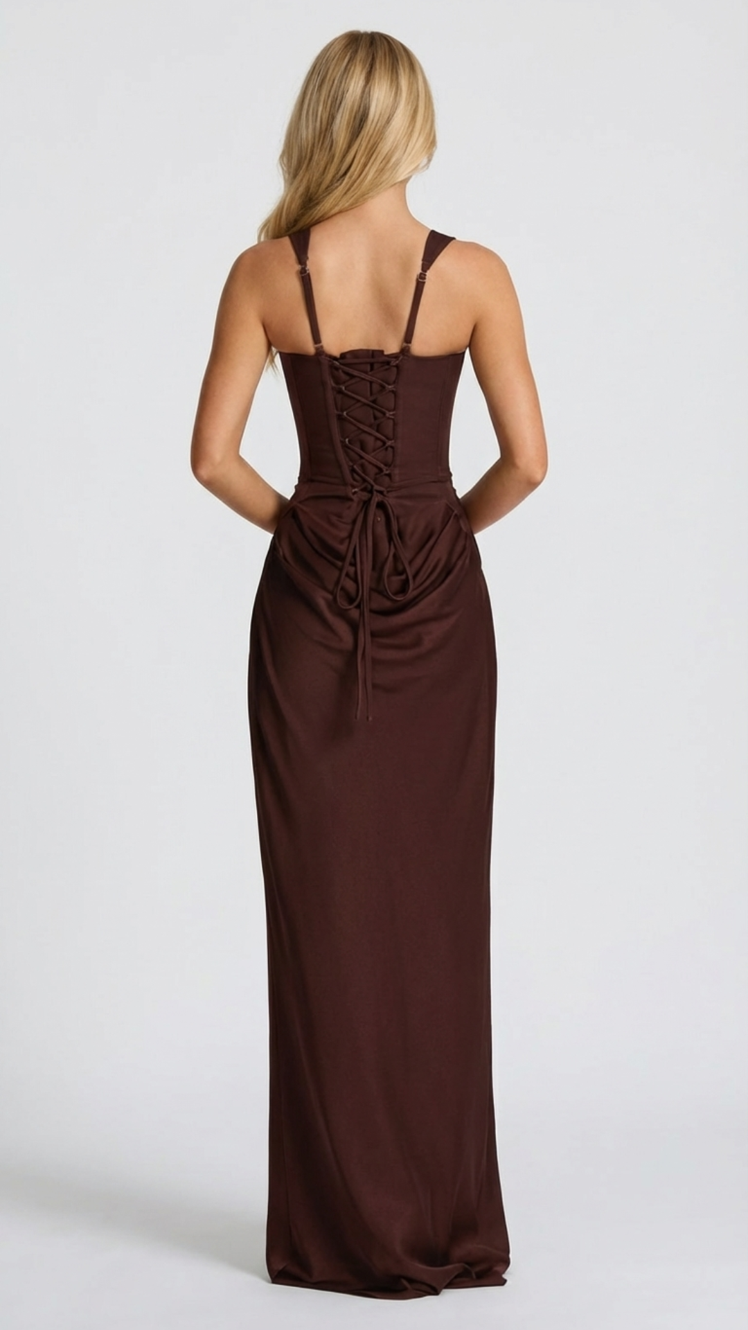 Hochwertiges Damen Maxikleid, ärmellos, mit schlankem Korsett-Mieder und fließender Silhouette.