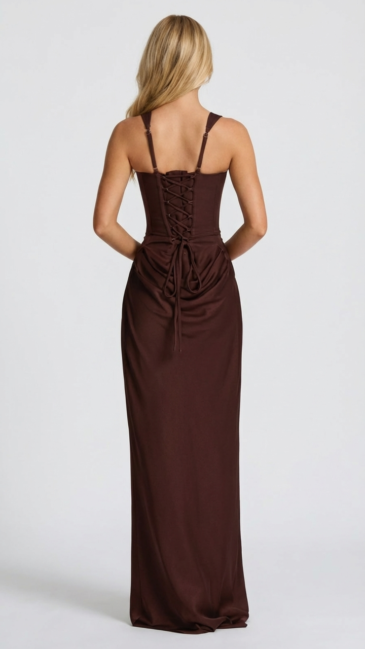 Hochwertiges Damen Maxikleid, ärmellos, mit schlankem Korsett-Mieder und fließender Silhouette.