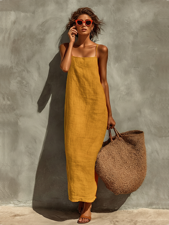 Modernes Damen Sommer Maxikleid mit dünnen Spaghettiträgern, fließend und bequem.