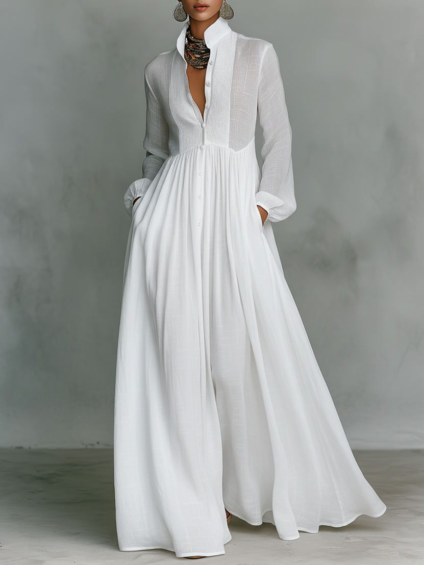 Elegantes Damen Maxikleid mit Stehkragen, Knopfleiste. Fließendes Sommerkleid, vielseitig für Freizeit & Anlässe.