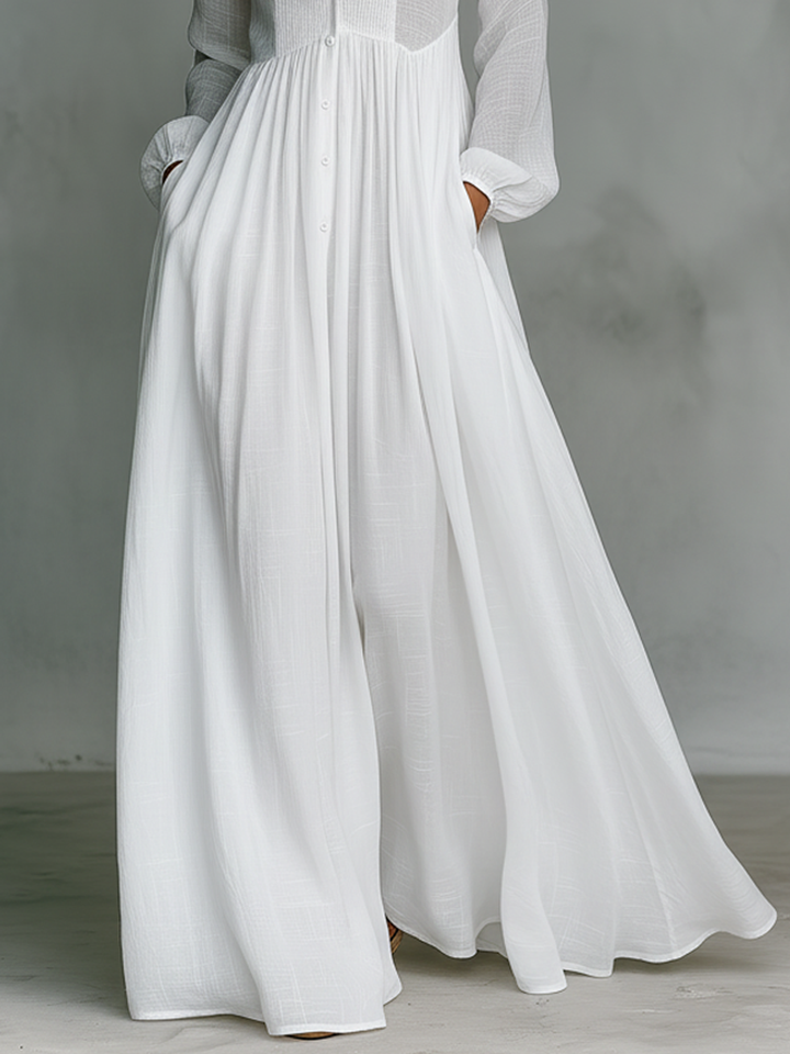 Fließendes Damen Maxikleid, ideales elegantes Sommerkleid. Langarmkleid mit Stehkragen für Strand oder Stadt.