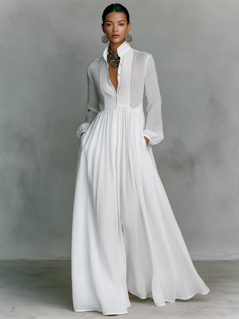 Damen Maxikleid mit Patchwork-Design und Stehkragen. Leichtes Langarm-Sommerkleid mit Knopfleiste, vielseitig.