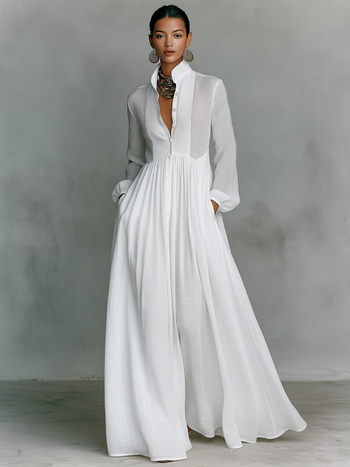 Damen Maxikleid mit Patchwork-Design und Stehkragen. Leichtes Langarm-Sommerkleid mit Knopfleiste, vielseitig.