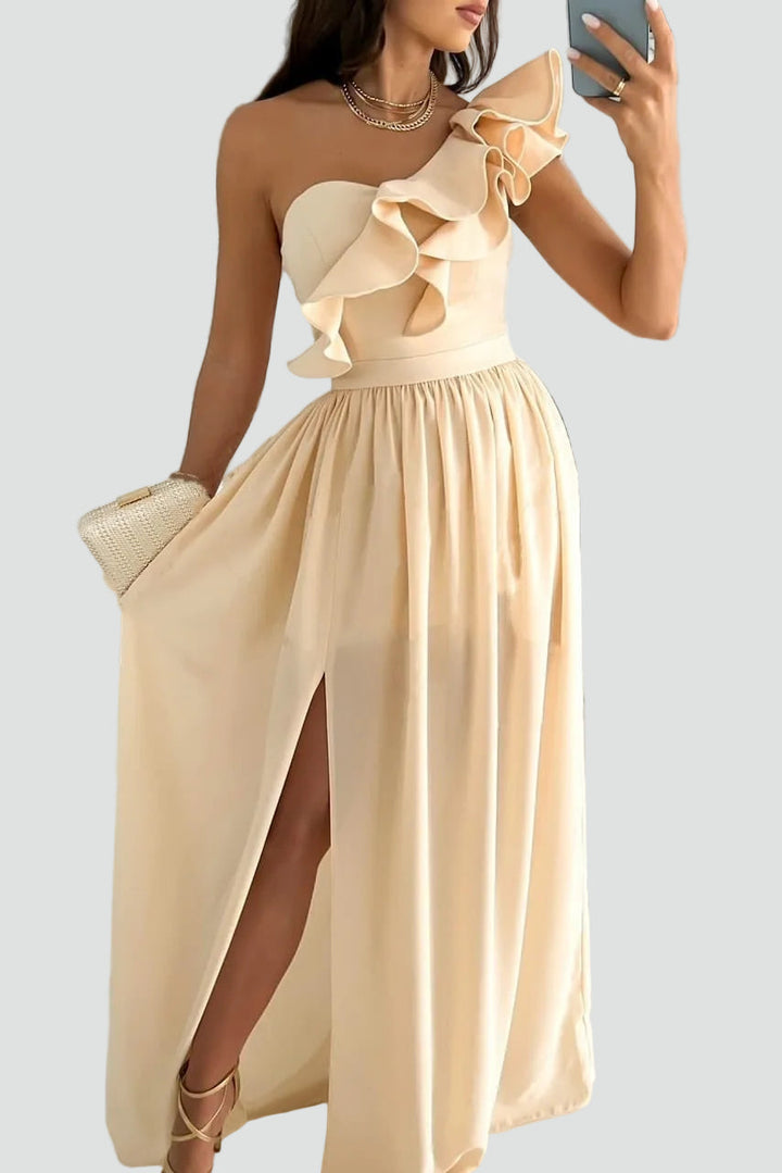 Elegantes Damen Maxikleid mit Volant & Schlitz; perfektes Cocktail- oder Abendkleid für festliche Anlässe.