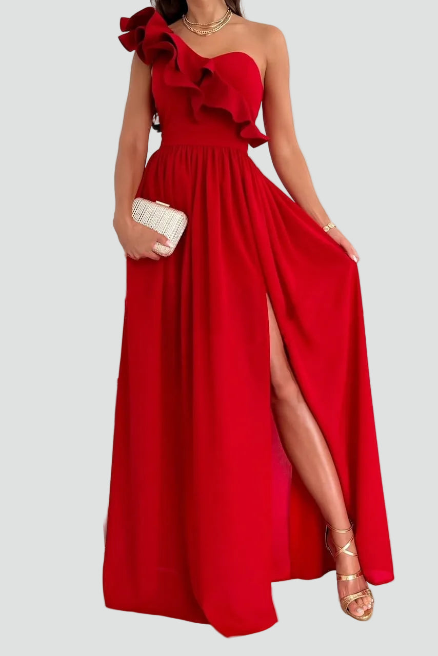 Festliches Damen Abendkleid, bodenlang, mit femininem Volant & elegantem Beinschlitz; ideal für besondere Anlässe.