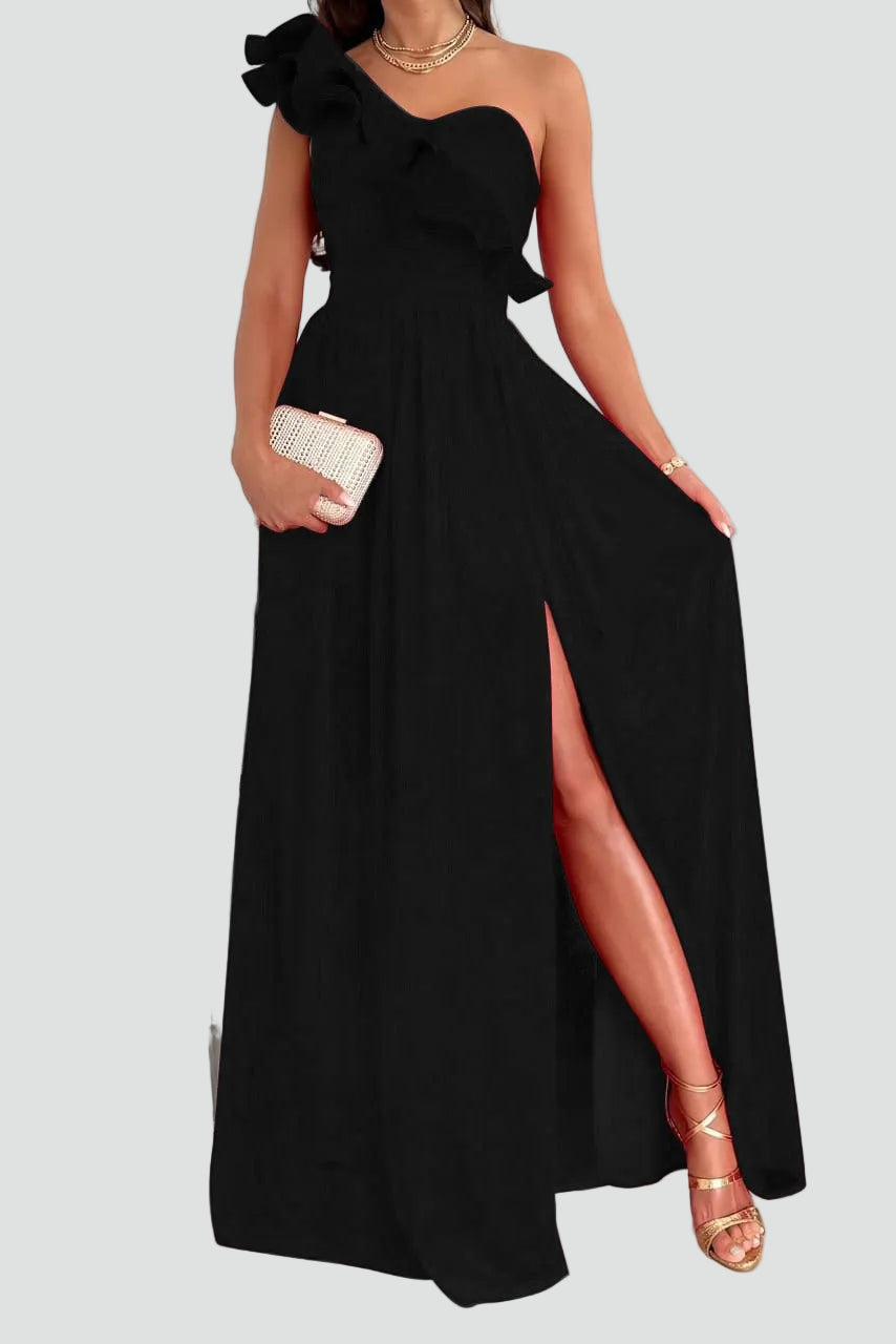 Elegantes Damen Partykleid, bodenlang, mit Volant & Schlitz; perfektes Cocktailkleid für festliche Anlässe & Abendmode.