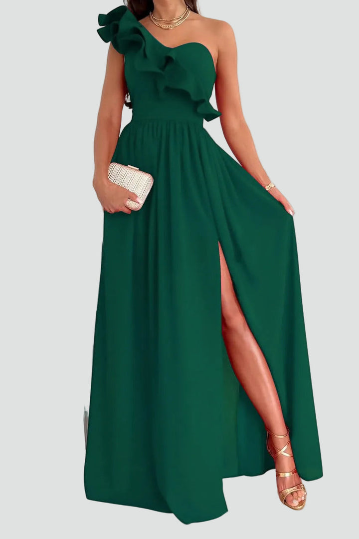 Feminines Damen Maxikleid, elegant geschnitten mit Volant & Schlitz, ideal als Cocktail- oder Abendkleid für Feste.