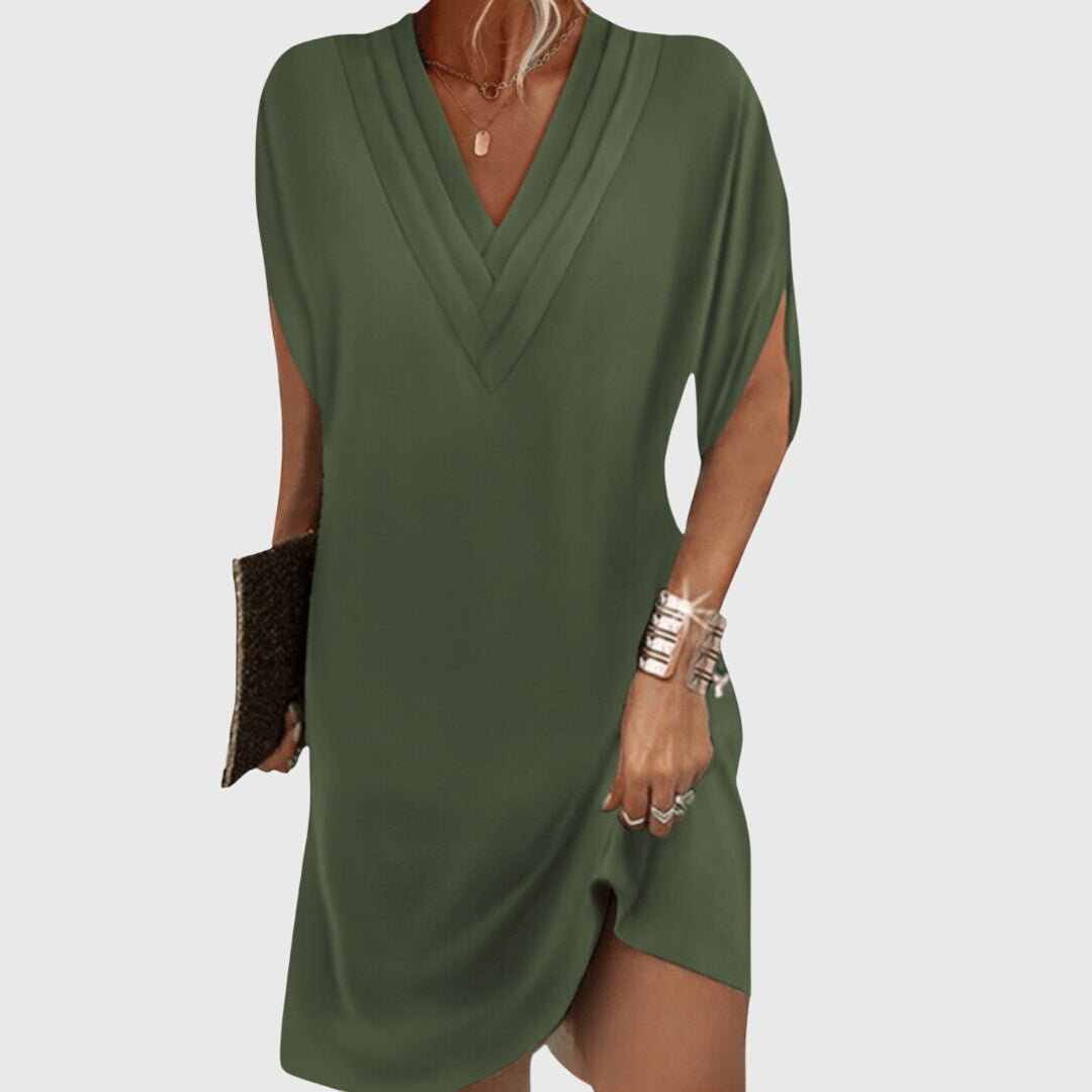 Bequemes Damen V-Ausschnitt Midi Kleid, locker und elegant. Perfekt als Sommer-, Urlaubs- oder Strandkleid.