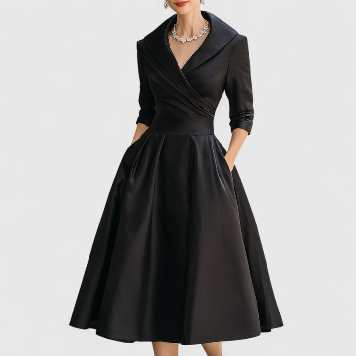 Elegantes Damen Midikleid mit ausgestelltem Rock in Schwarz, perfekt für formelle Anlässe und Events.