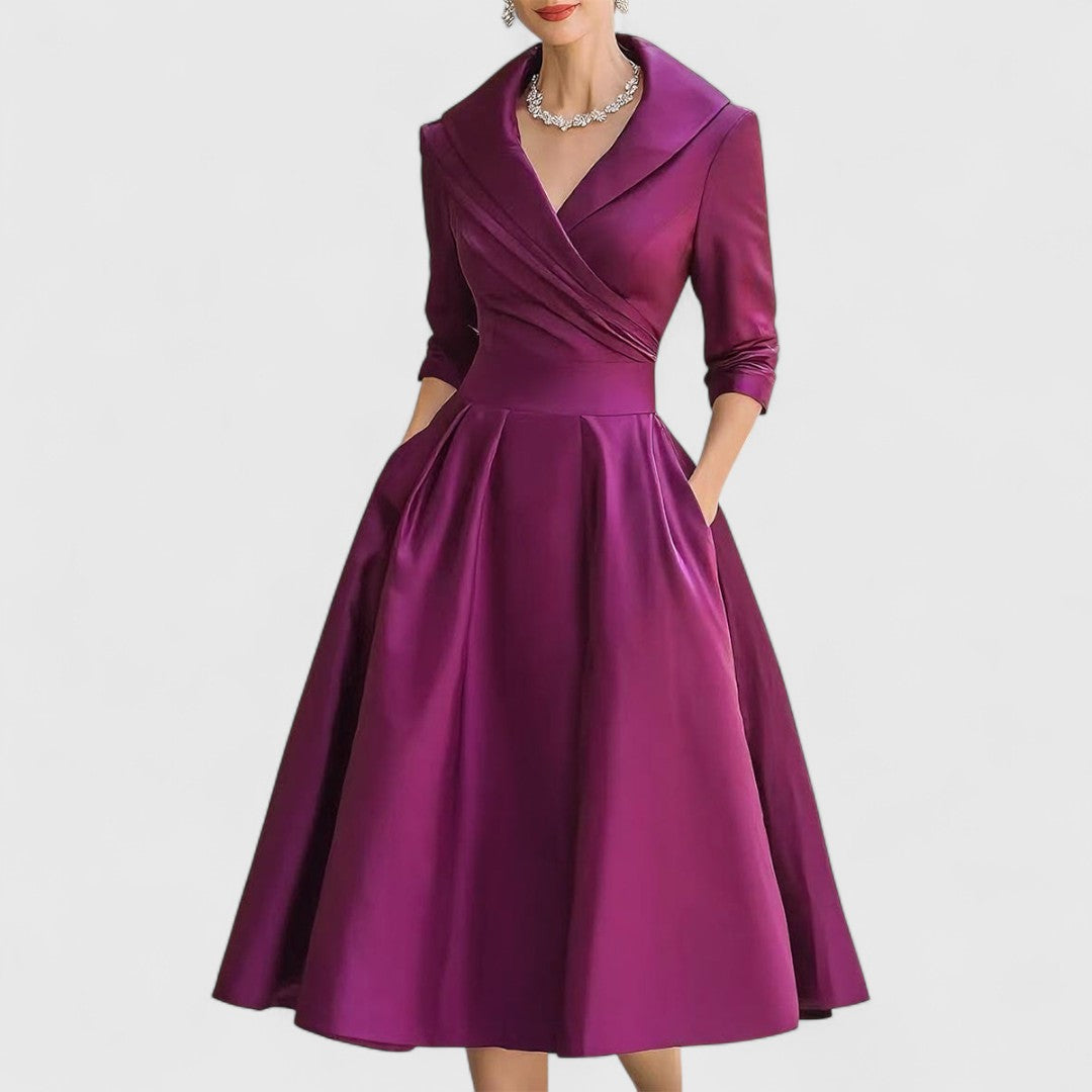 Beiges Damen Elegantes Midikleid mit ausgestelltem Rock, vielseitig für festliche Anlässe oder Business-Events.