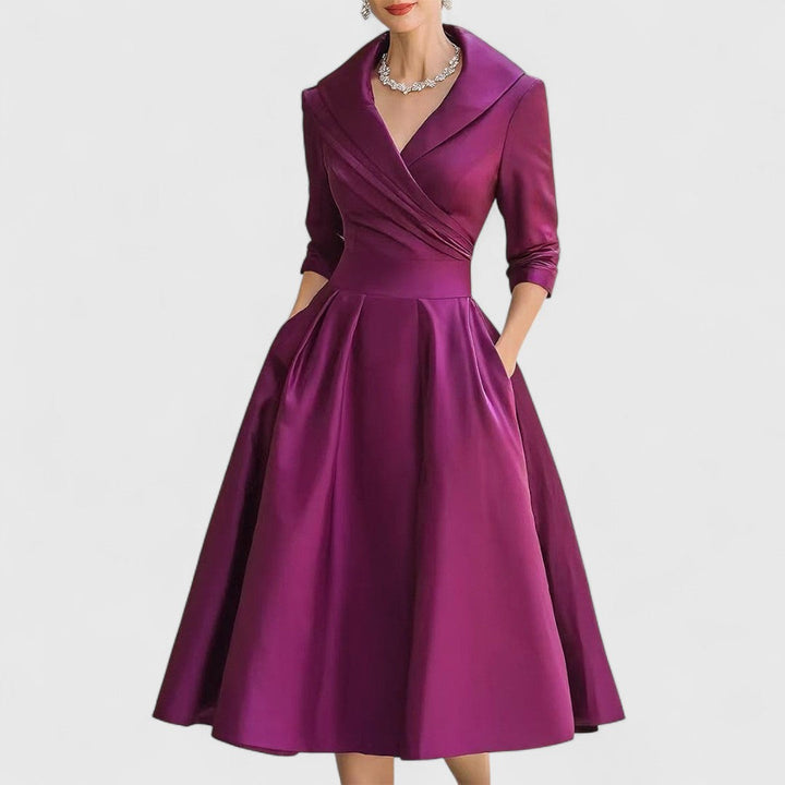 Beiges Damen Elegantes Midikleid mit ausgestelltem Rock, vielseitig für festliche Anlässe oder Business-Events.