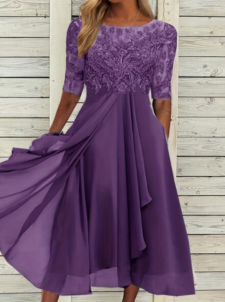 Vorderansicht: Elegantes Damen Midi Kleid mit Rundhalsausschnitt, zeitlos und schick.