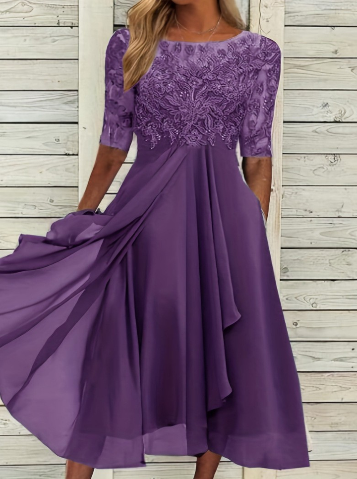 Vorderansicht: Elegantes Damen Midi Kleid mit Rundhalsausschnitt, zeitlos und schick.