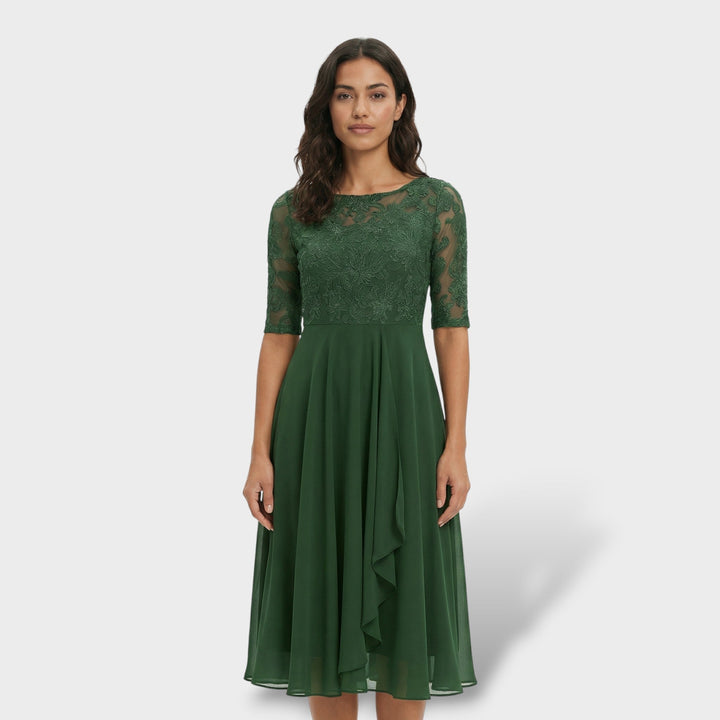 Modisches Frühlingskleid für Damen, ein elegantes Midikleid mit Rundhals.