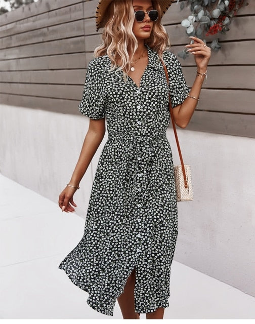 Vielseitiges Damen Freizeitkleid in Midilänge, mit elegantem Blumenmuster und bequemem V-Ausschnitt.
