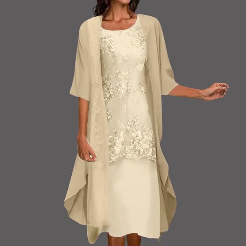 Modisches Damen Midikleid A-Linie mit Rundhals, Cape und Spitzen-Elementen. Bequemes Relaxed Fit Freizeitkleid.