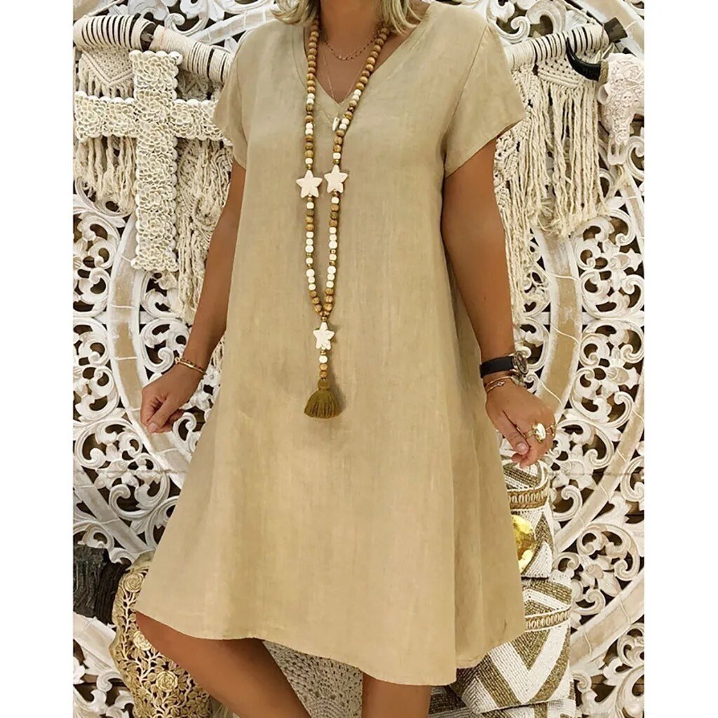 Elegantes Damen Minikleid, V-Ausschnitt, Kurzarm. Sommerliche A-Linie für Freizeit & Urlaub.