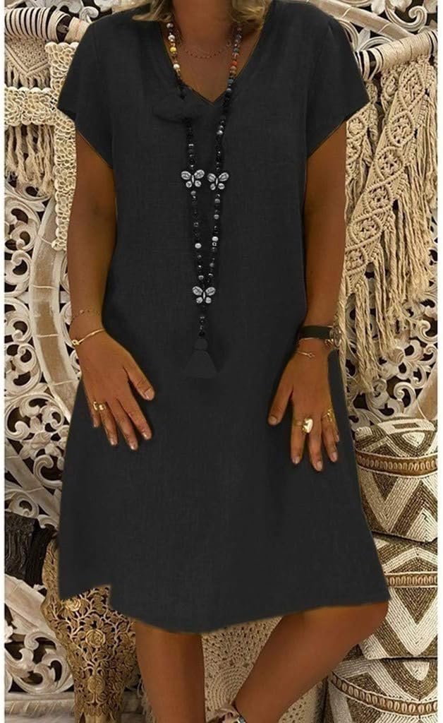 Elegantes Damen Sommerkleid, A-Linie, V-Ausschnitt. Komfortables Minikleid für Freizeit & Urlaub.