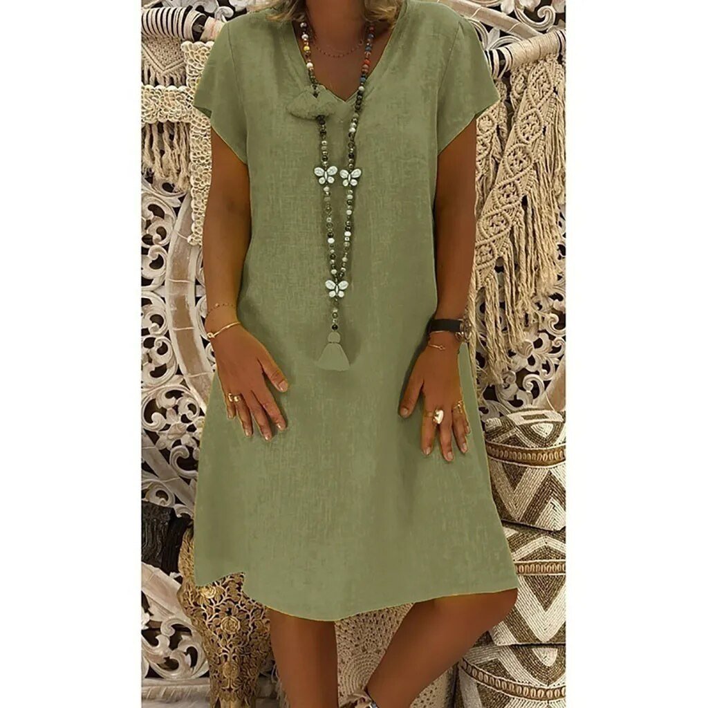 Stilvolles Damen Minikleid, V-Ausschnitt, A-Linie. Perfektes Sommerkleid für Freizeit & Urlaub.