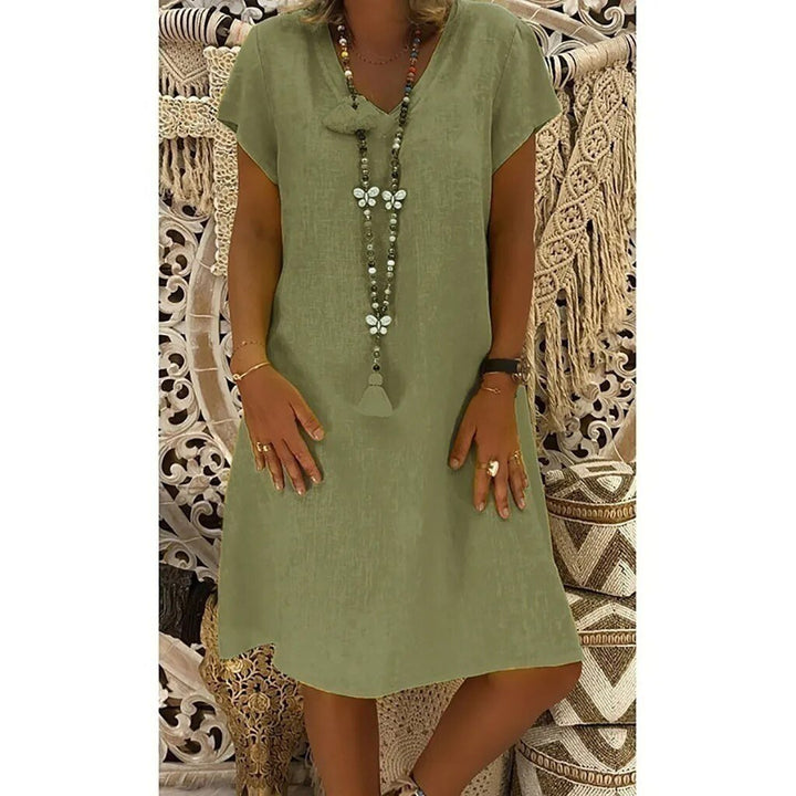 Stilvolles Damen Minikleid, V-Ausschnitt, A-Linie. Perfektes Sommerkleid für Freizeit & Urlaub.