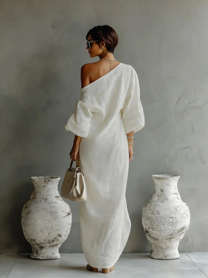 Fließendes Damen Maxikleid mit elegantem One-Shoulder-Design, perfekt für festliche Sommerabende.
