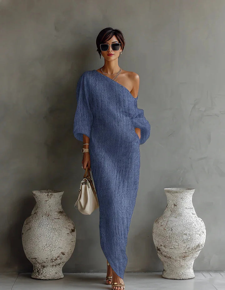 Leichtes, fließendes Damen One-Shoulder Maxikleid, sehr bequem, ideal als elegantes Freizeitkleid.