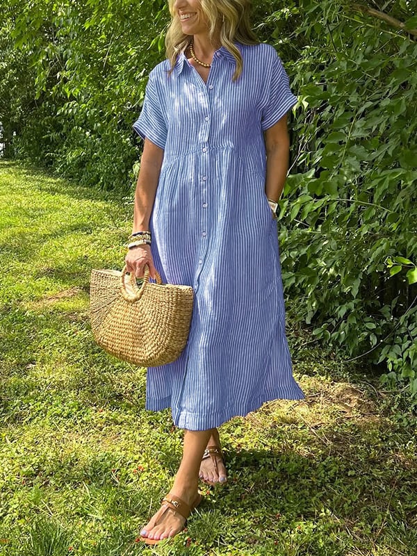 Elegantes Damen Sommer Maxikleid mit Blusenkragen und Kurzarm; perfekt für Freizeit und Alltag.