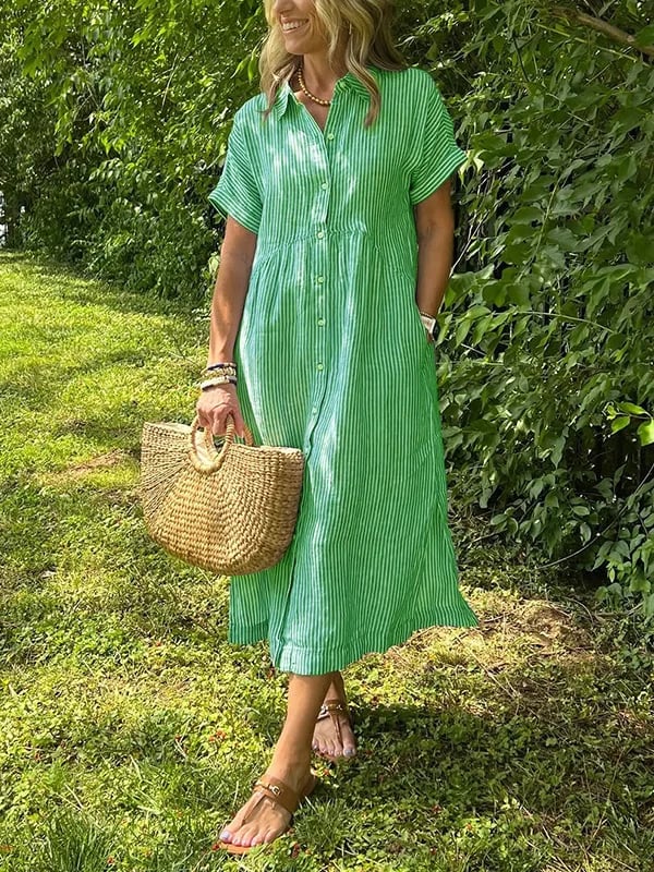 Stylisches Damen Sommer Maxikleid mit Blusenkragen; elegantes Kurzarmkleid für den Alltag und besondere Anlässe.