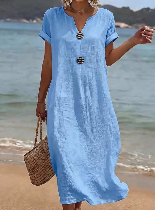 Elegantes Damen Sommer Maxikleid mit Knopfleiste, fließendem Stoff und bequemer Passform für Strand oder Freizeit.
