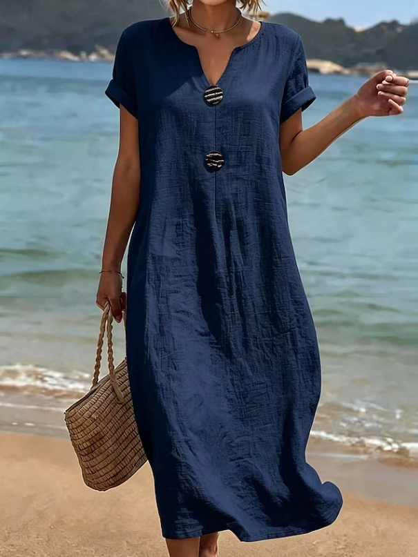 Fließendes Sommer Maxikleid für Damen mit eleganter Silhouette und praktischer Knopfleiste, ideal für den Alltag.