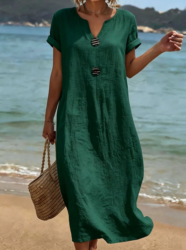 Modisches Damen Sommerkleid mit Knopfleiste, bequemer Schnitt und fließendes Material, ideal für Freizeit & Urlaub.
