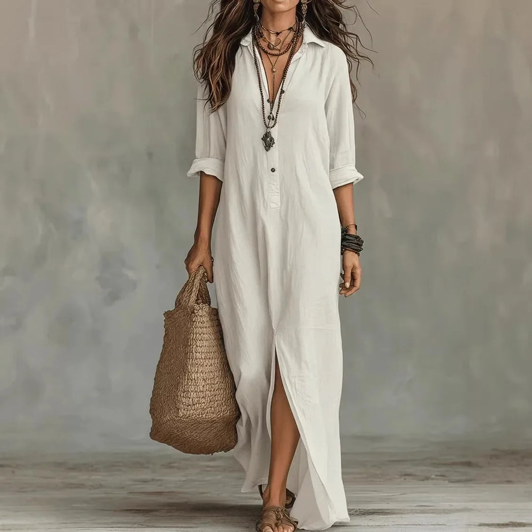 Elegantes Damen Sommer Maxikleid mit Knopfleiste, langem Schnitt & Seitenschlitz. Vielseitiges Freizeitkleid.