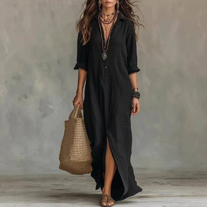 Lässiges & elegantes Damen Sommer Maxikleid mit Knöpfen und seitlichem Schlitz. Ideal für den Urlaub.
