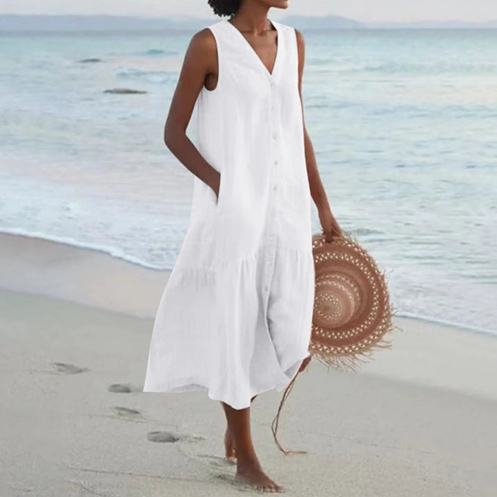 Elegantes Damen Sommerkleid mit V-Ausschnitt, stilvoll & vielseitig. Perfektes Freizeit- und Frühlingskleid.