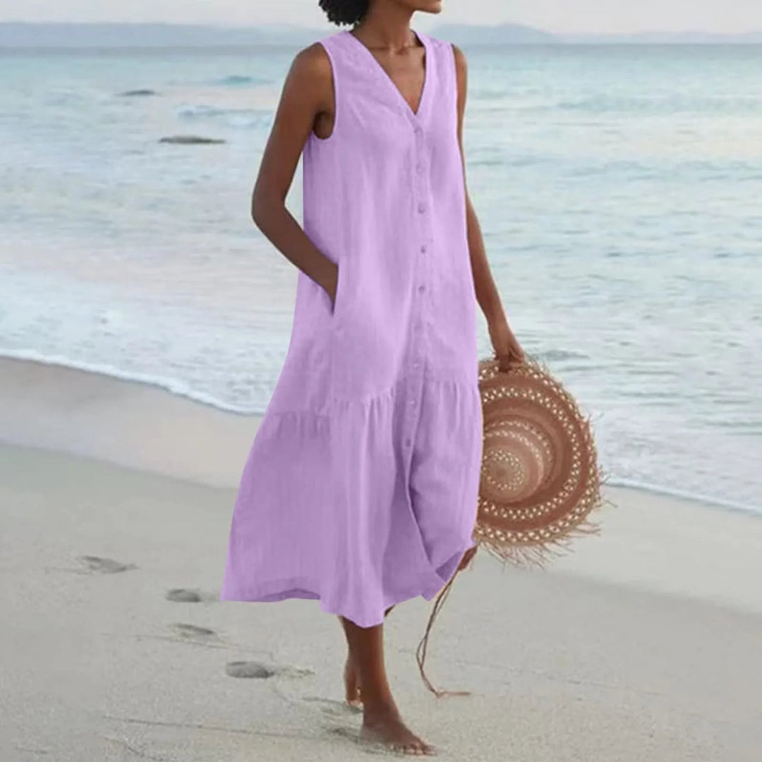 Modisches Damenkleid mit tiefem V-Ausschnitt. Ein stilvolles Sommerkleid, elegant und vielseitig kombinierbar.