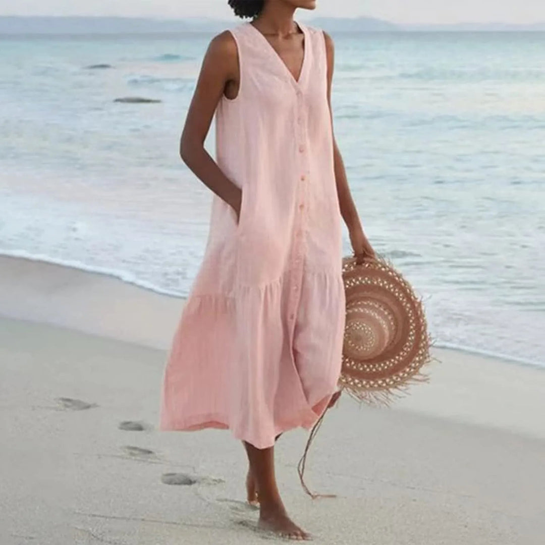 Vielseitiges Damen Sommerkleid, elegant und leicht, mit V-Ausschnitt. Ideal als Freizeit- oder Frühlingskleid.
