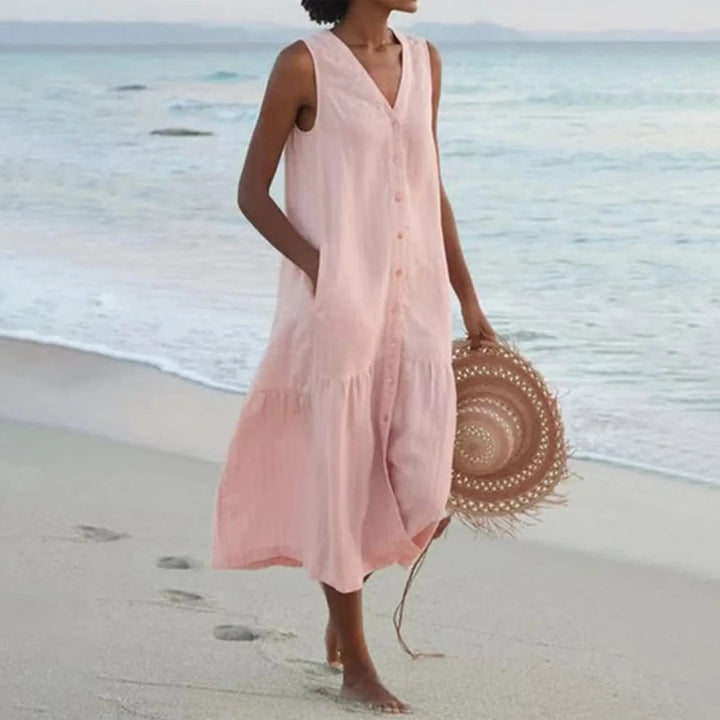 Vielseitiges Damen Sommerkleid, elegant und leicht, mit V-Ausschnitt. Ideal als Freizeit- oder Frühlingskleid.