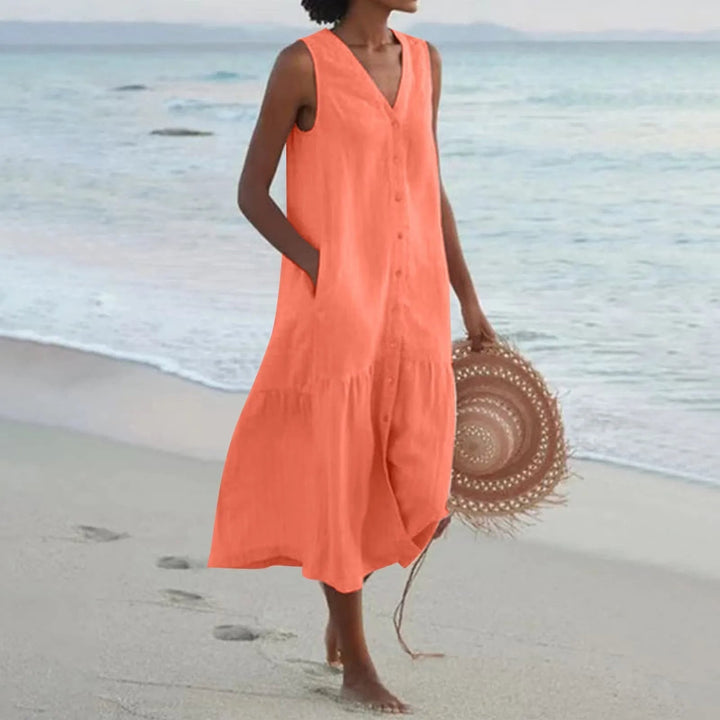 Stilvolles Damen Sommerkleid in eleganter Passform mit V-Ausschnitt. Ein modisches Freizeitkleid für warme Tage.