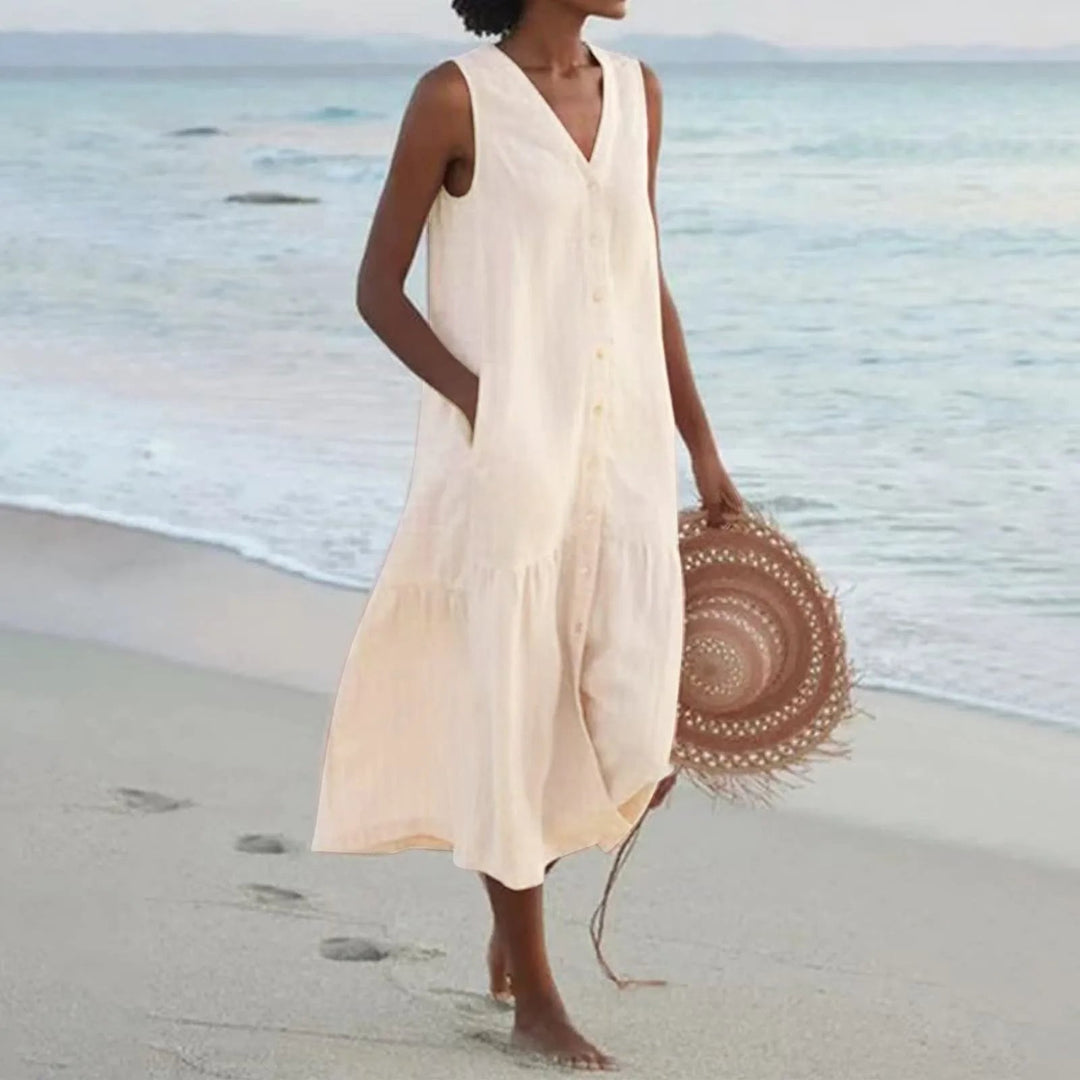 Bequemes und elegantes Damen Sommerkleid mit V-Ausschnitt. Ein stilvolles Freizeitkleid für modische Frauen.