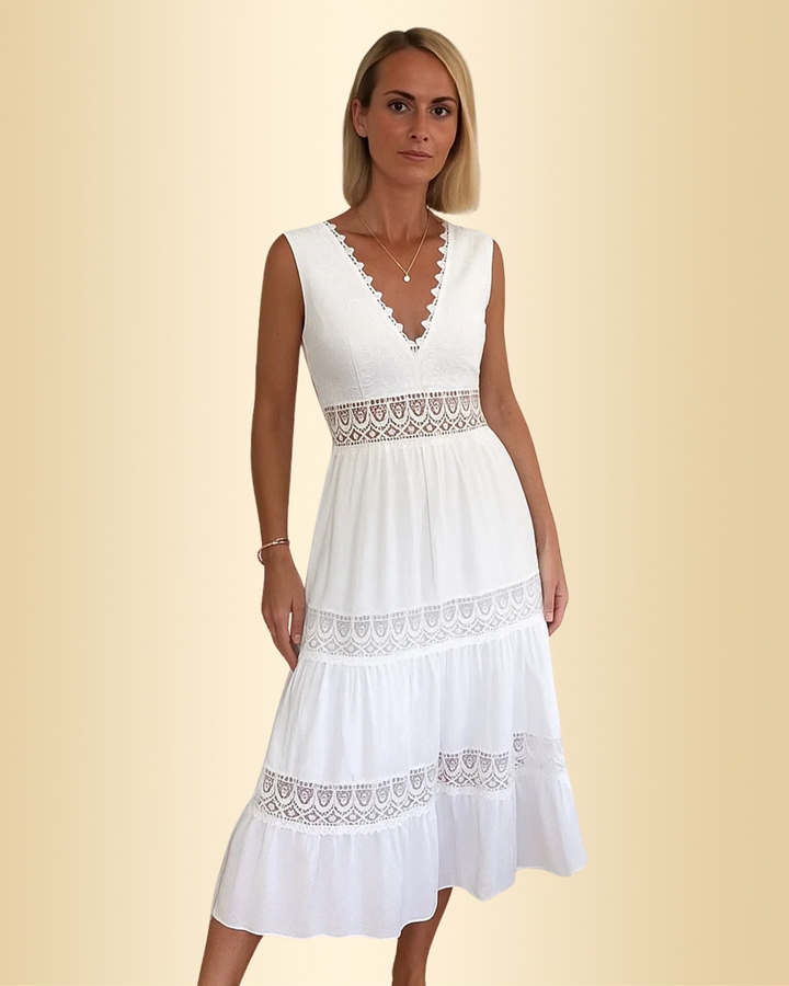 Elegantes Damen Sommerkleid mit V-Ausschnitt, taillierter Passform, Stufenrock und feiner Spitze.