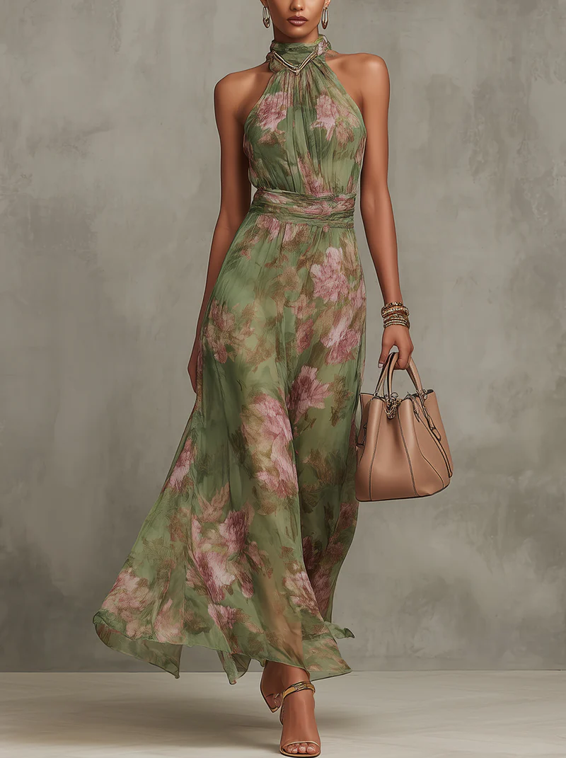 Elegantes Damen Sophie Blumenkleid mit grünem Blumenprint und Neckholder; perfekt als Sommer- & Festkleid.