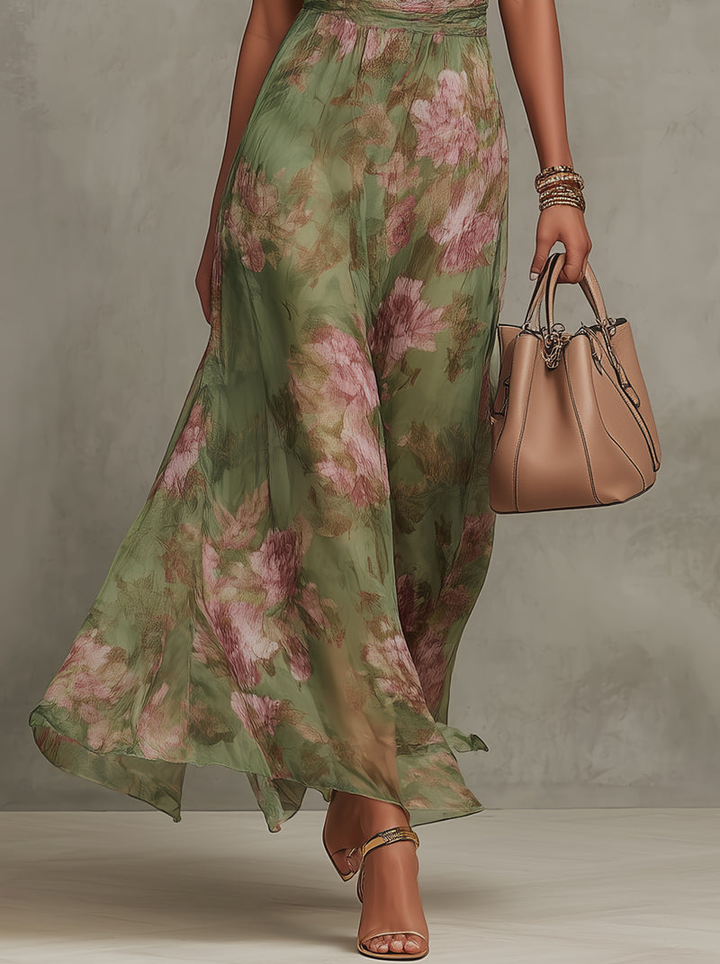 Vielseitiges Damen Sophie Blumenkleid, Midi-Länge, grüner Blumenprint; elegantes Sommer- & Partykleid.