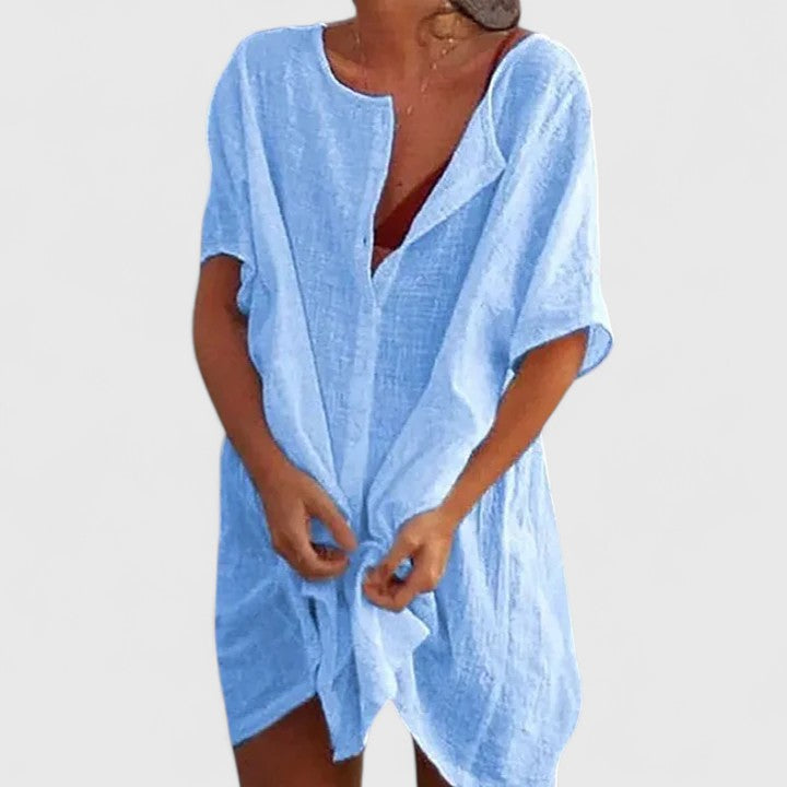 Kurzes Damen Tunika-Kleid, locker geschnitten für Komfort an warmen Frühlingstagen und im Sommer.
