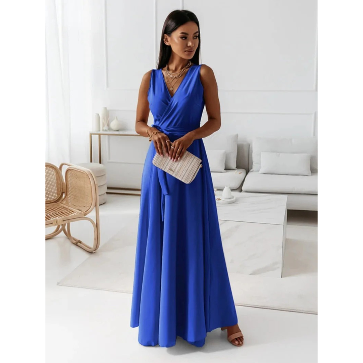 Damen Herbst Maxikleid, fließend & elegant, Wickelkleid-Stil. Perfektes Anlasskleid für Hochzeiten.