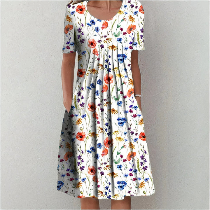 Elegantes fließendes Damen Midikleid für Sommerfeste & Hochzeitsgäste, in Weiß, Blau, Rot oder Gelb erhältlich.